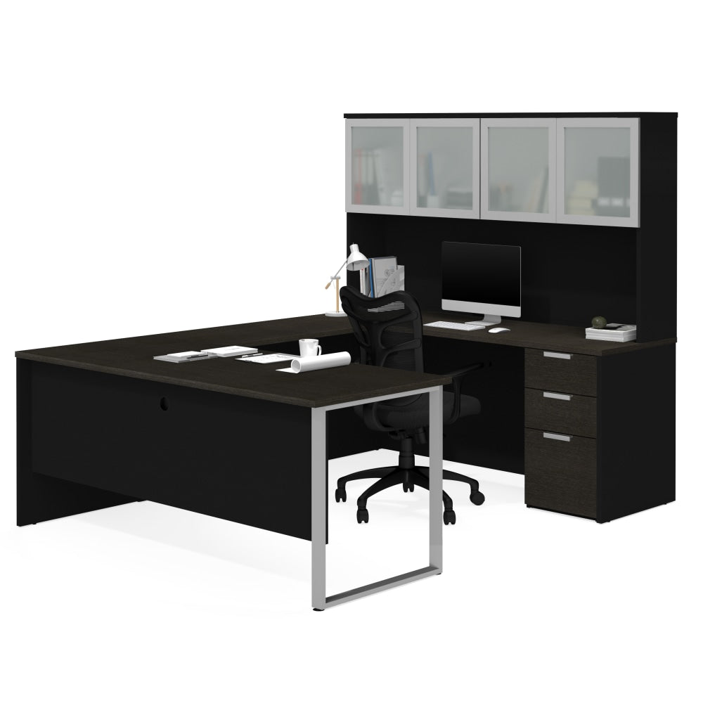 Bestar Pro-Concept Plus 72inW U-Shaped Executive Computer Desk With Pedestal And Frosted Glass Door Hutch, Deep Gray/Black