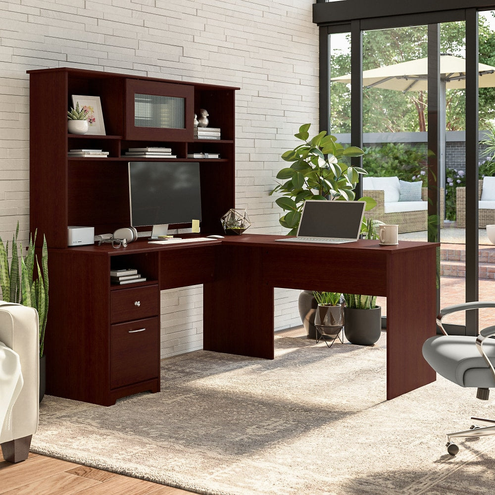 Bush Business Furniture Cabot L 60inW Shaped Corner Desk With Hutch And Drawers, Harvest Cherry, Standard Delivery