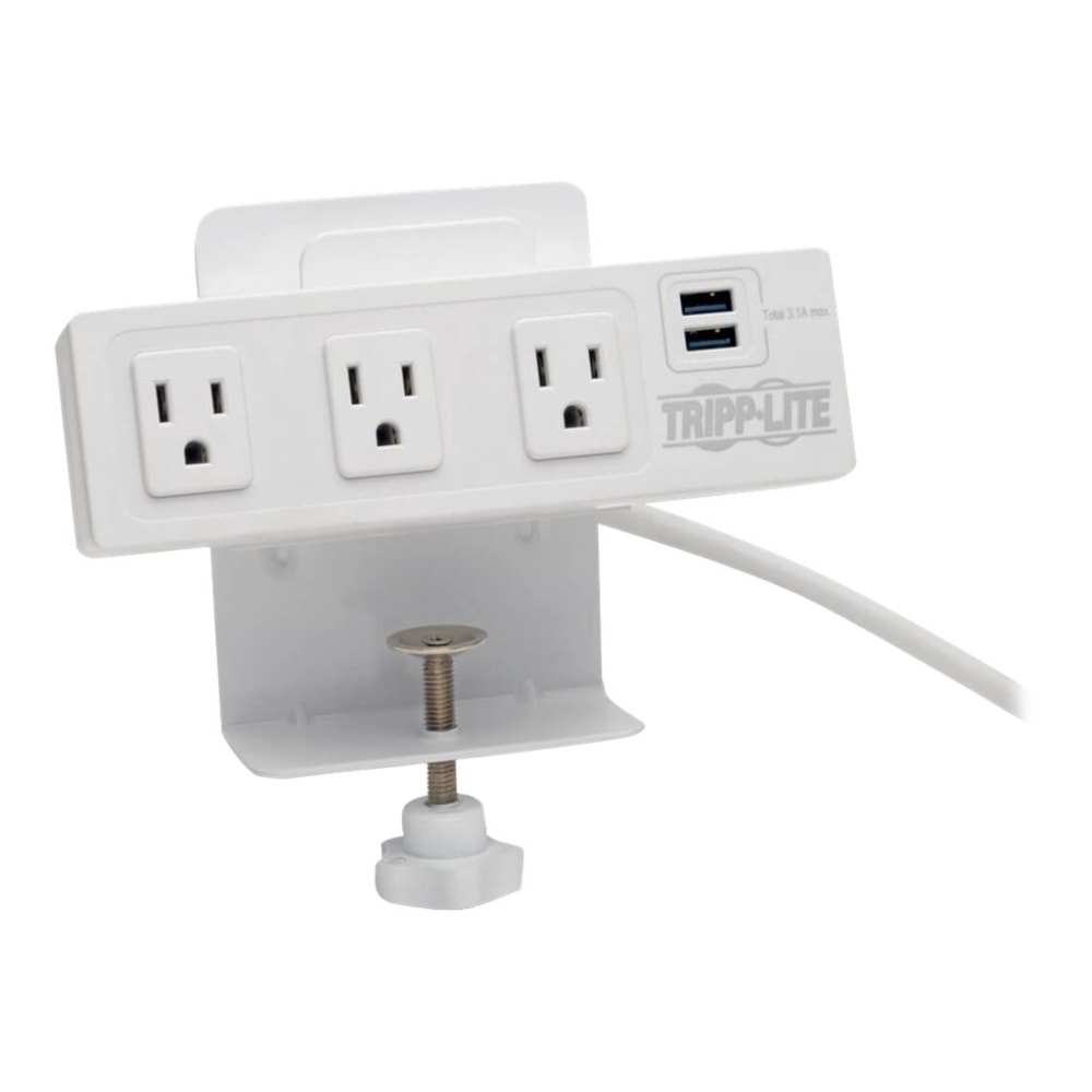 Tripp Lite 3-Outlet Surge Protector Power Strip with 2 USB Ports, 10 ft. Cord (3.05m) - 510 Joules, Desk Clamp, White Housing - Surge protector - 15 A - AC 120 V - output connectors: 3 - 10 ft cord - white