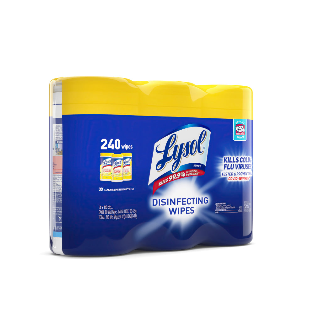 Lysol Disinfecting Wipes, Lemon & Lime Blossom Scent, 7in x 8in, 80 Wipes Per Canister, Case Of 3 Canisters