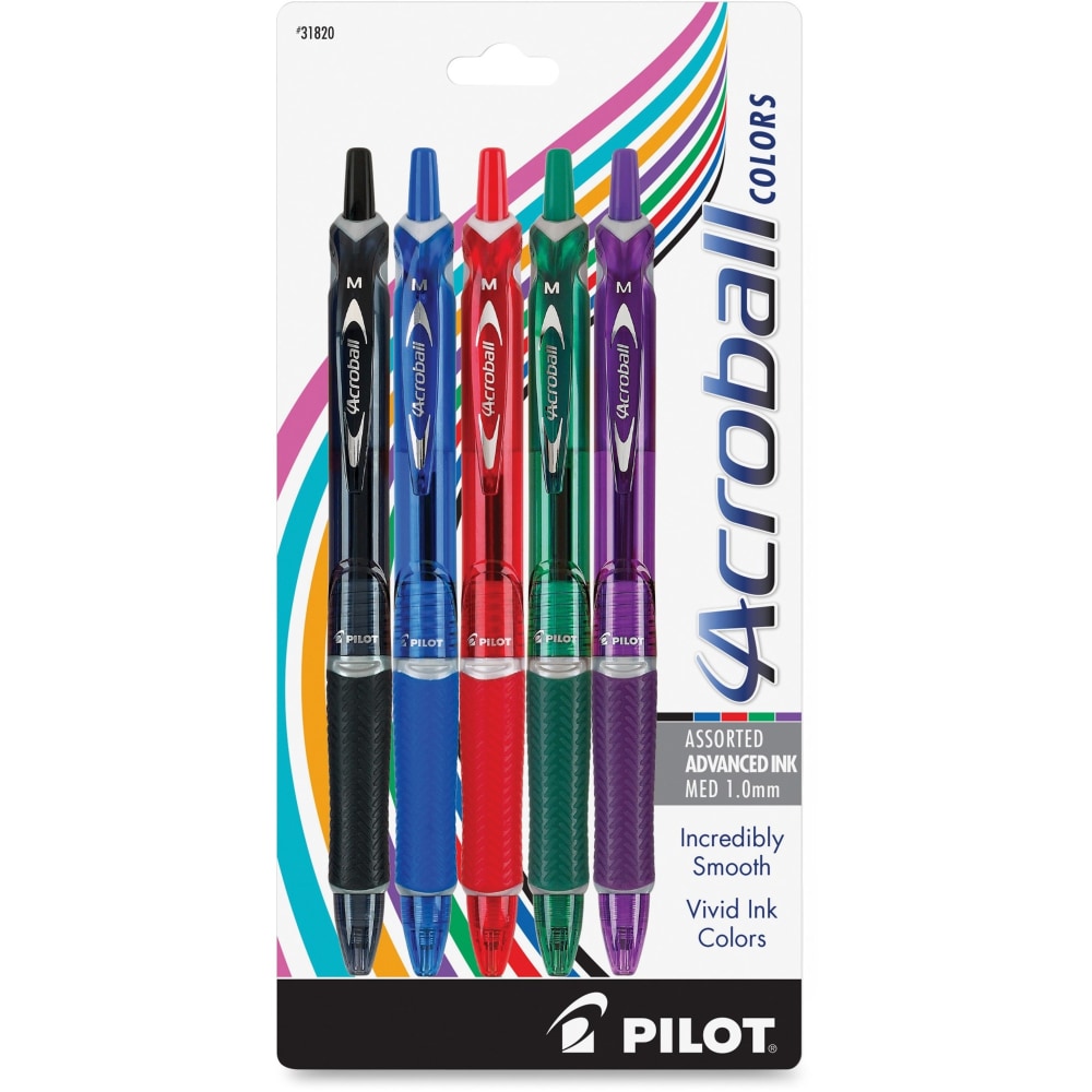 Pilot Acroball Retractable Hybrid Gel Pens, Medium Point, 1.0 mm, Assorted Barrels, Assorted Ink Colors, Pack Of 5 Pens