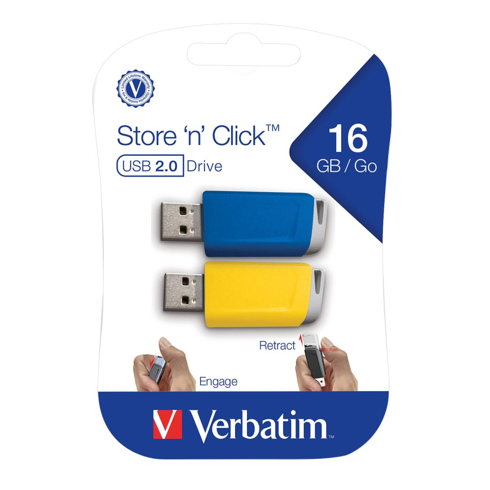 Verbatim Store N Click USB 2.0 Flash Drive, 16GB, Blue/Yellow, Pack Of 2 Flash Drives