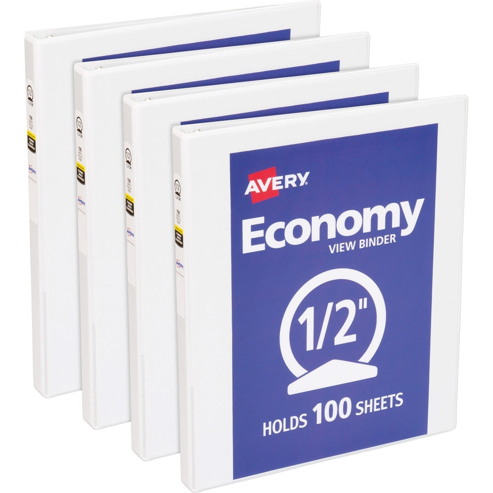 Avery Economy View Binder, 1/2in Ring, 8 1/2in x 11in, White, Pack Of 4