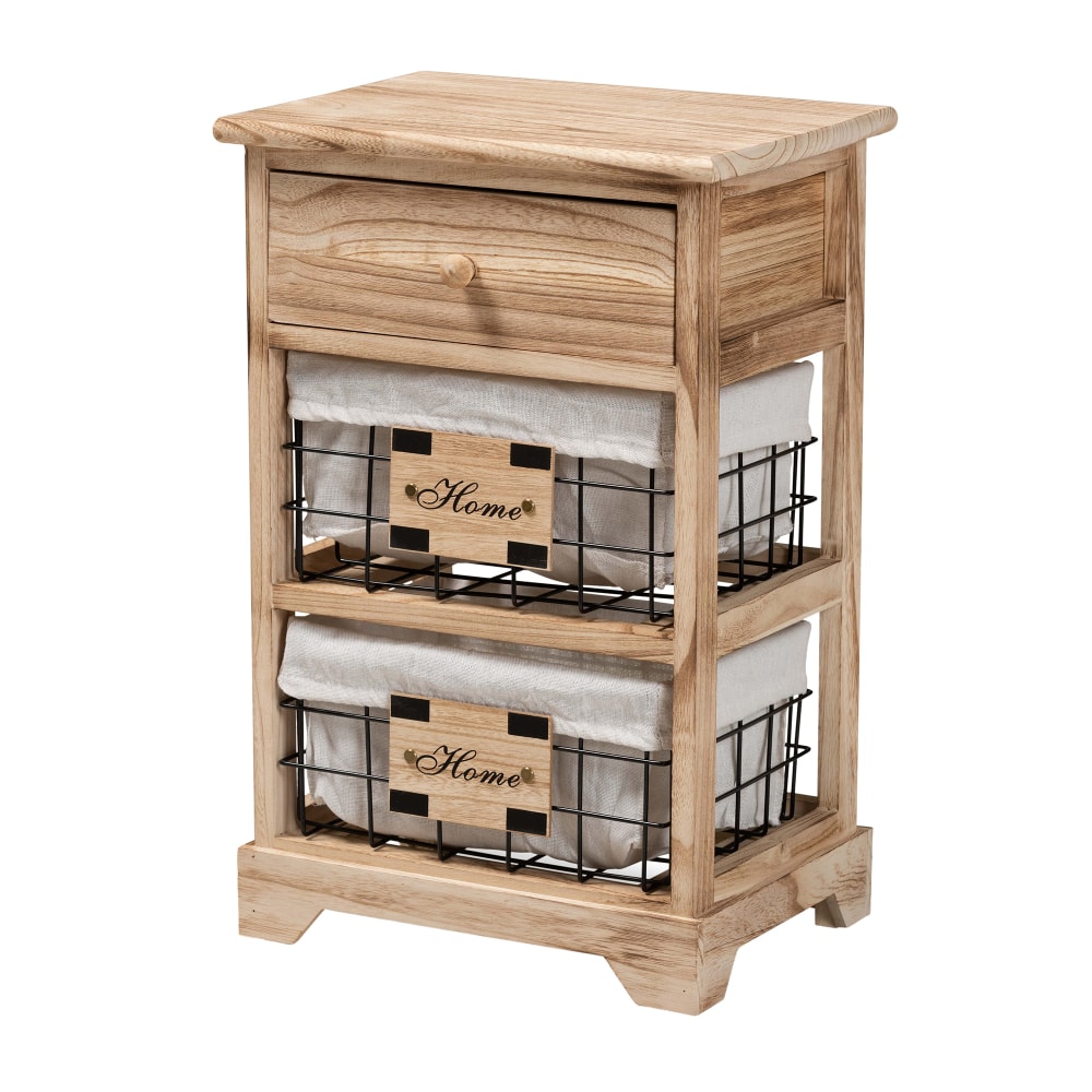 Baxton Studio Madra 1-Drawer Nightstand With Baskets, 22inH x 14-5/8inW x 10-5/8inD, Oak Brown