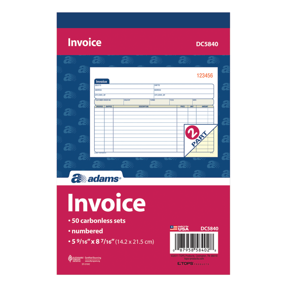 Adams Carbonless Invoice Books, 2-Part, 8 7/16in x 5 9/16in, Pack Of 50