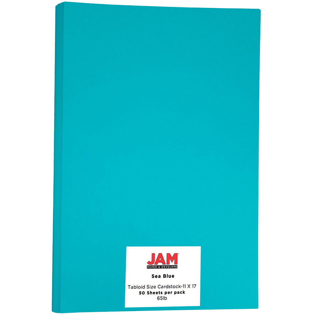 JAM Paper Card Stock, Sea Blue, Ledger (11in x 17in), 65 Lb, 30% Recycled, Pack Of 50