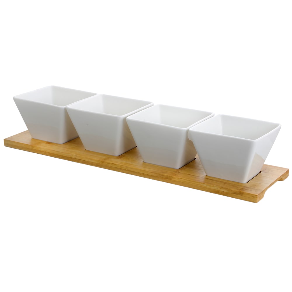 Elama Signature Modern 5-Piece Appetizer And Condiment Server, White/Bamboo