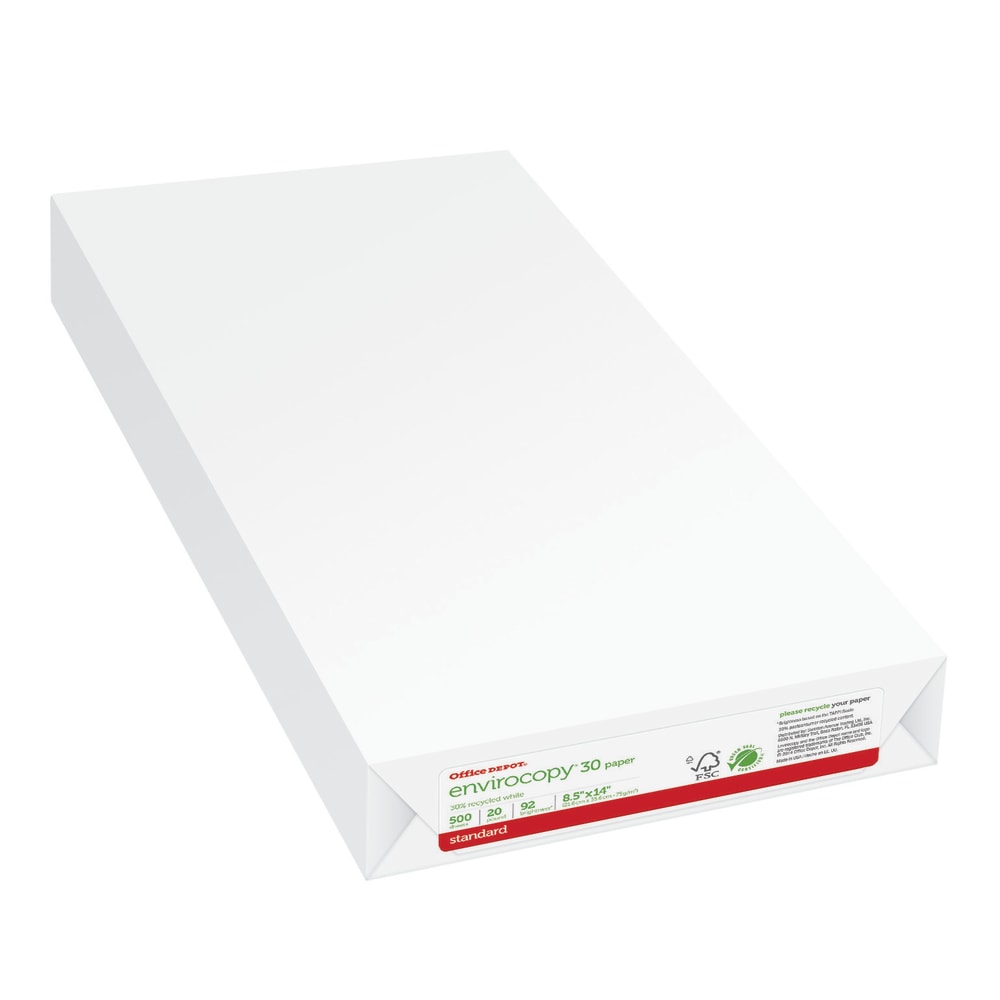 Office Depot EnviroCopy Copy Paper, White, Legal (8.5in x 14in), 500 Sheets Per Ream, 20 Lb, 92 Brightness, 30% Recycled, FSC Certified, OD55959