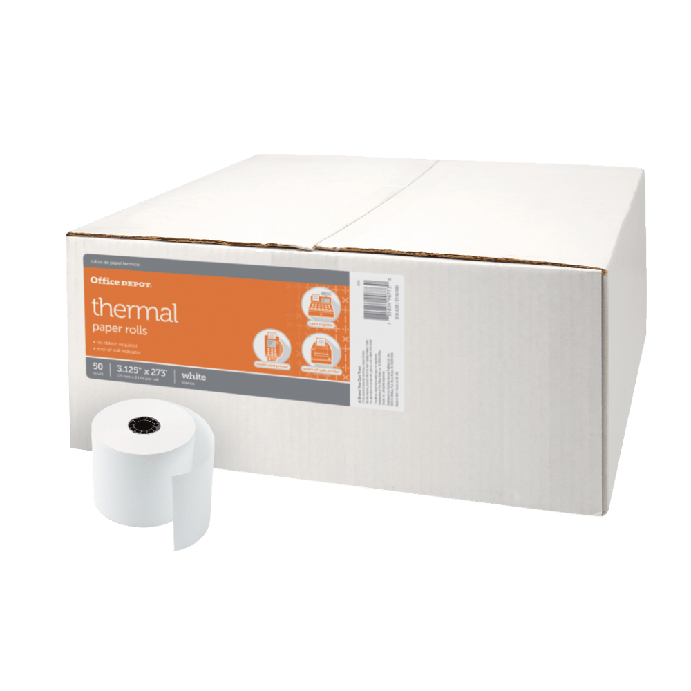 Office Depot Brand Thermal Paper Rolls, 3-1/8in x 273ft, White, Carton Of 50