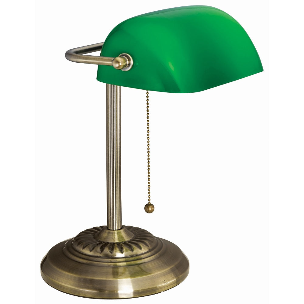 Victory Light Bankers Brass Desk Lamp - 12.5in Height - 10 W LED Bulb - Hanging Chain, Durable - Metal - Desk Mountable - Brass, Green - for Desk, Bank, Office, Reception