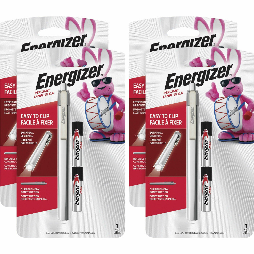 Energizer LED Pen Light - LED - Bulb - 1 W - 6 lm Lumen - 2 x AAA - Battery - Stainless Steel - Drop Resistant - Silver - 4 / Carton