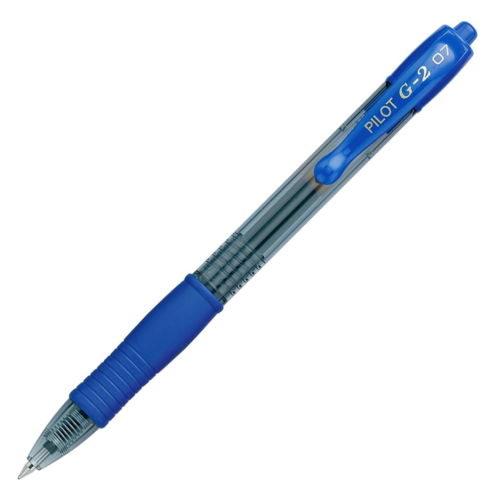 Pilot G2 Retractable Gel Pens, Fine Point, 0.7 mm, Clear Barrels, Blue Ink, Pack Of 12 Pens