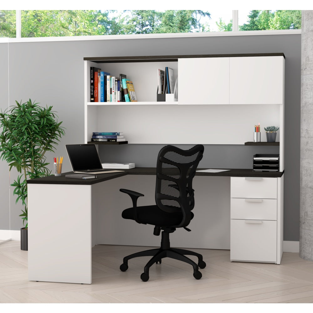 Bestar Pro-Concept Plus 72inW L-Shaped Corner Desk With Pedestal And Hutch, White/Deep Gray