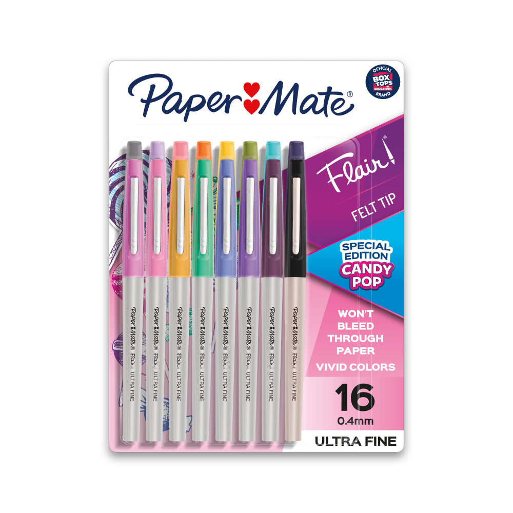 Paper Mate Flair Felt-Tip Pens, Ultra Fine Point, 0.4 mm, Gray Barrel, Assorted Ink, Pack Of 16