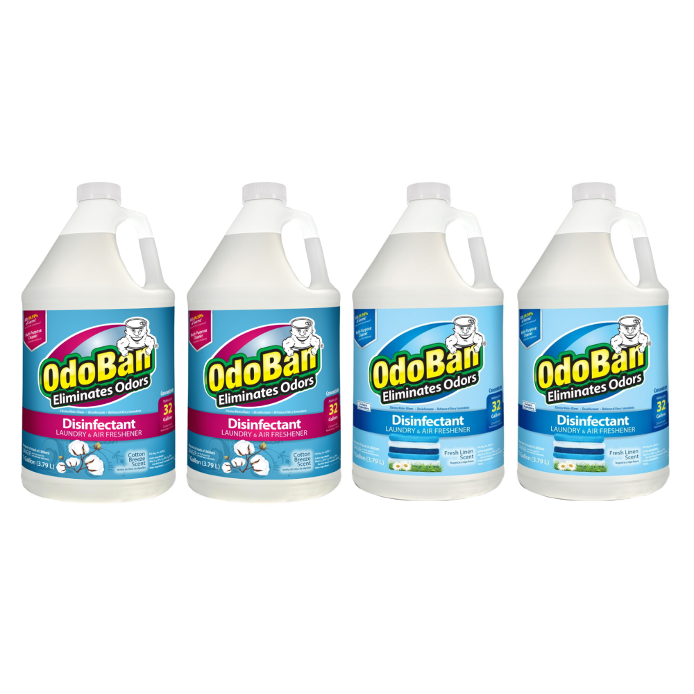 OdoBan Odor Eliminator Disinfectant Concentrate, 128 Oz, Case Of 2 Cotton Breeze And 2 Fresh Linen Scent Bottles