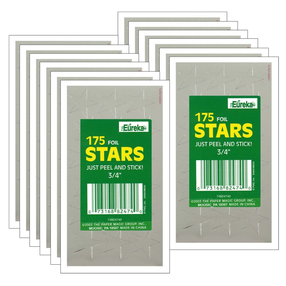 Eureka Presto-Stick Foil Star Stickers, 3/4in, Silver, 175 Stickers Per Pack, Set Of 12 Packs