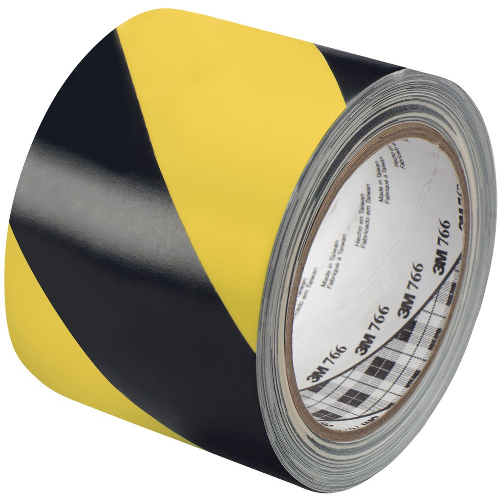 3M 766 Striped Vinyl Tape, 3in Core, 3in x 36 Yd., Black/Yellow, Case Of 2