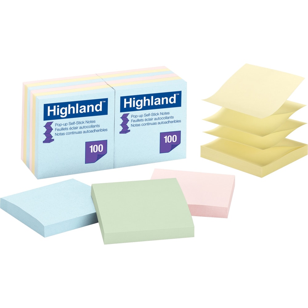 Highland Self-Sticking Pop-up Notes, 3in x 3in, Assorted, Pack of 12 Pads