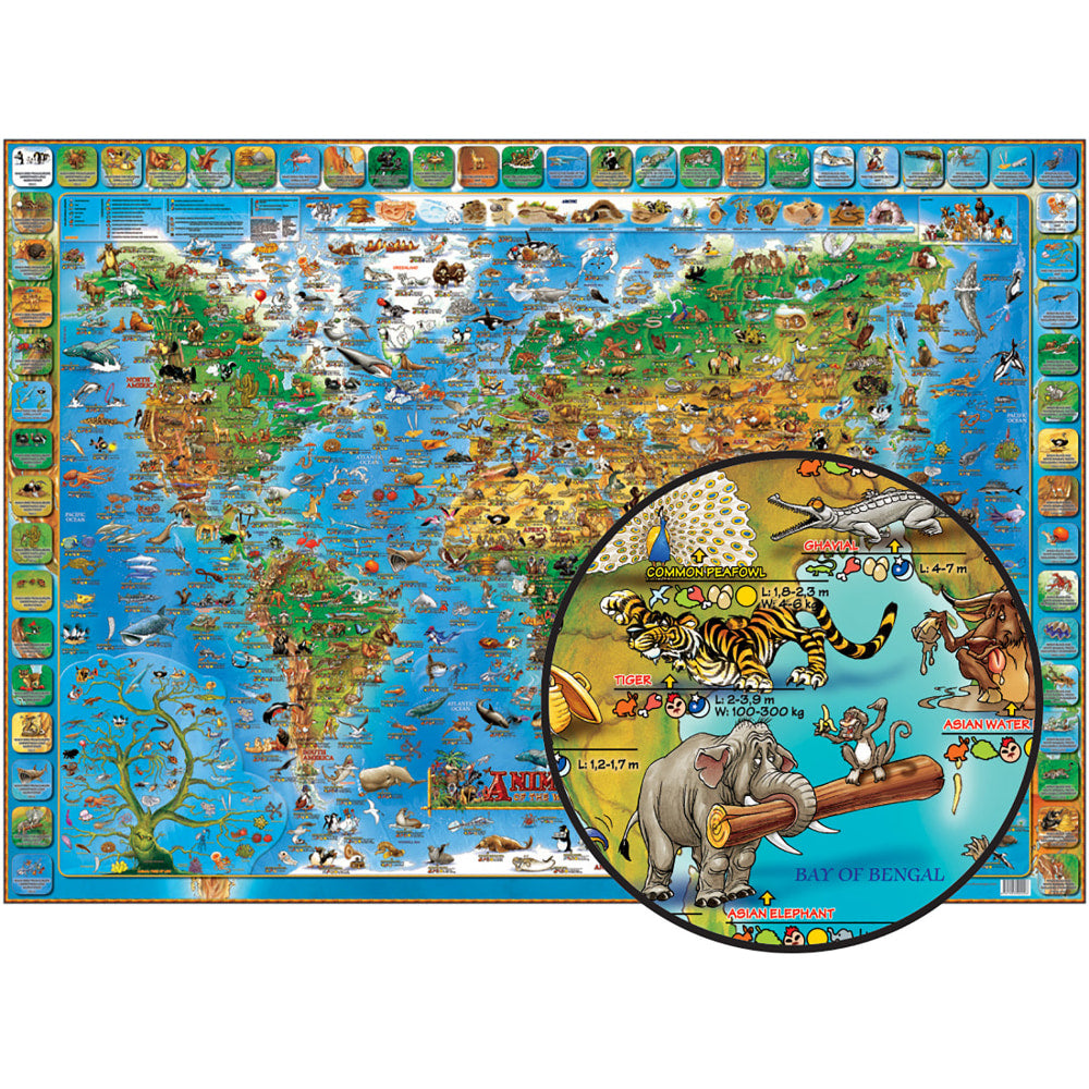 Dinos Illustrated Map Of Animals Of The World, 54in x 38in