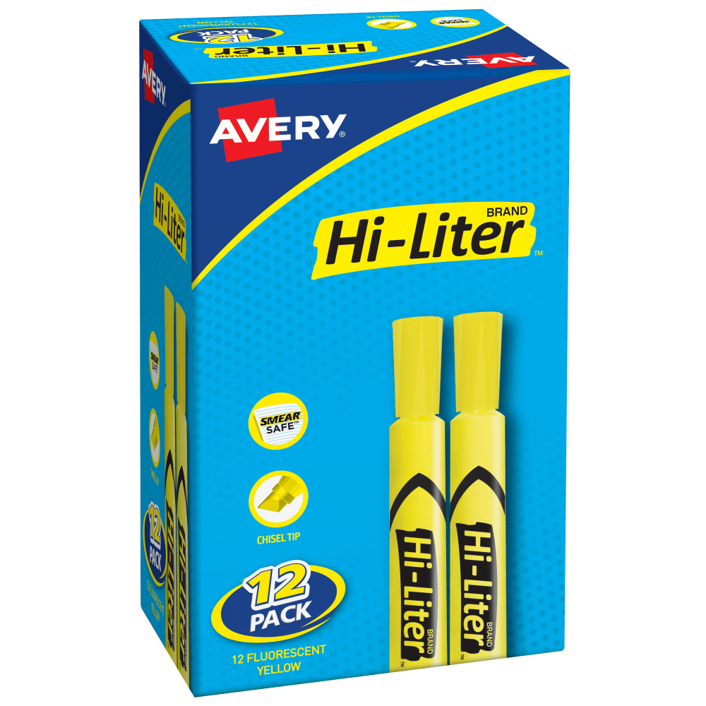 Avery Hi-Liter SmearSafe Highlighters, Chisel Tip, Desk-Style, Yellow, Pack Of 12 Highlighters