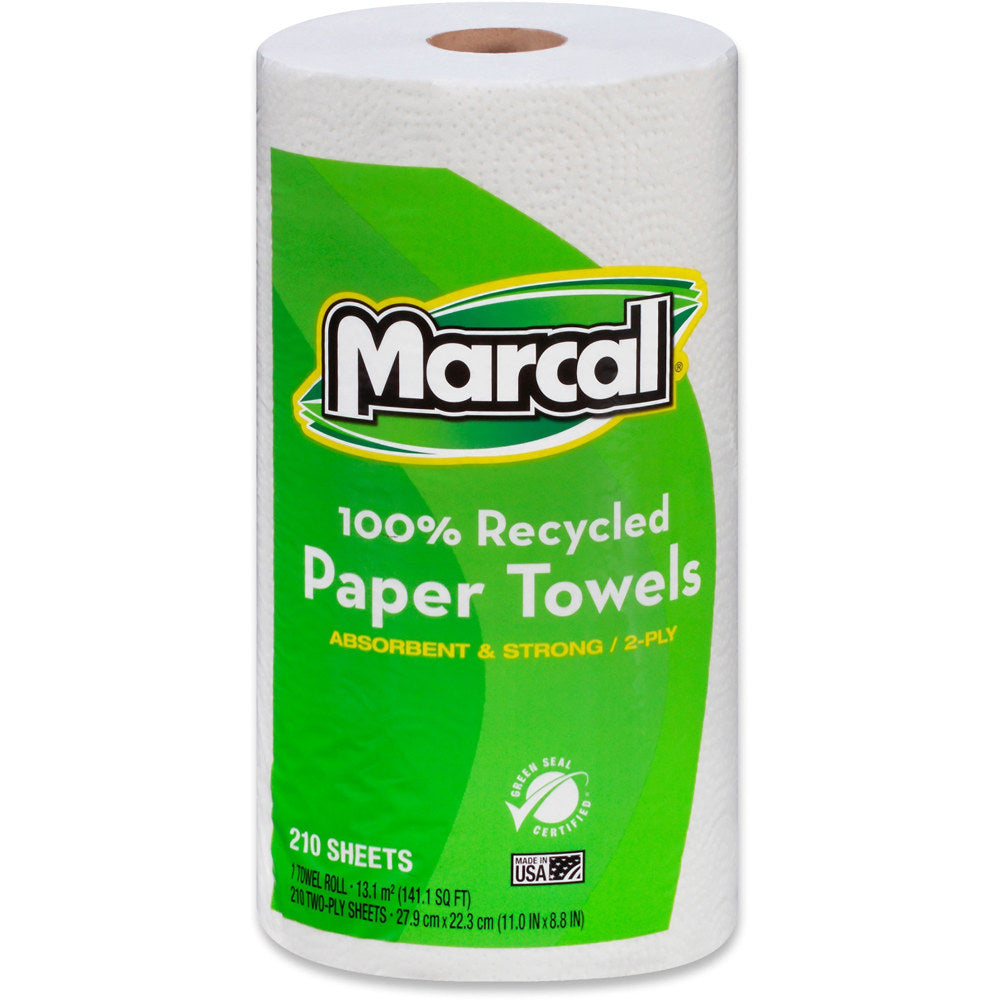 Marcal Premium Mega Roll 2-Ply Paper Towels, 100% Recycled, 210 Sheets Per Roll, Pack Of 12 Rolls