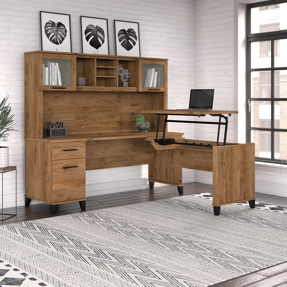 Bush Furniture Somerset 72inW 3-Position Sit-to-Stand L-Shaped Desk With Hutch, Fresh Walnut, Standard Delivery