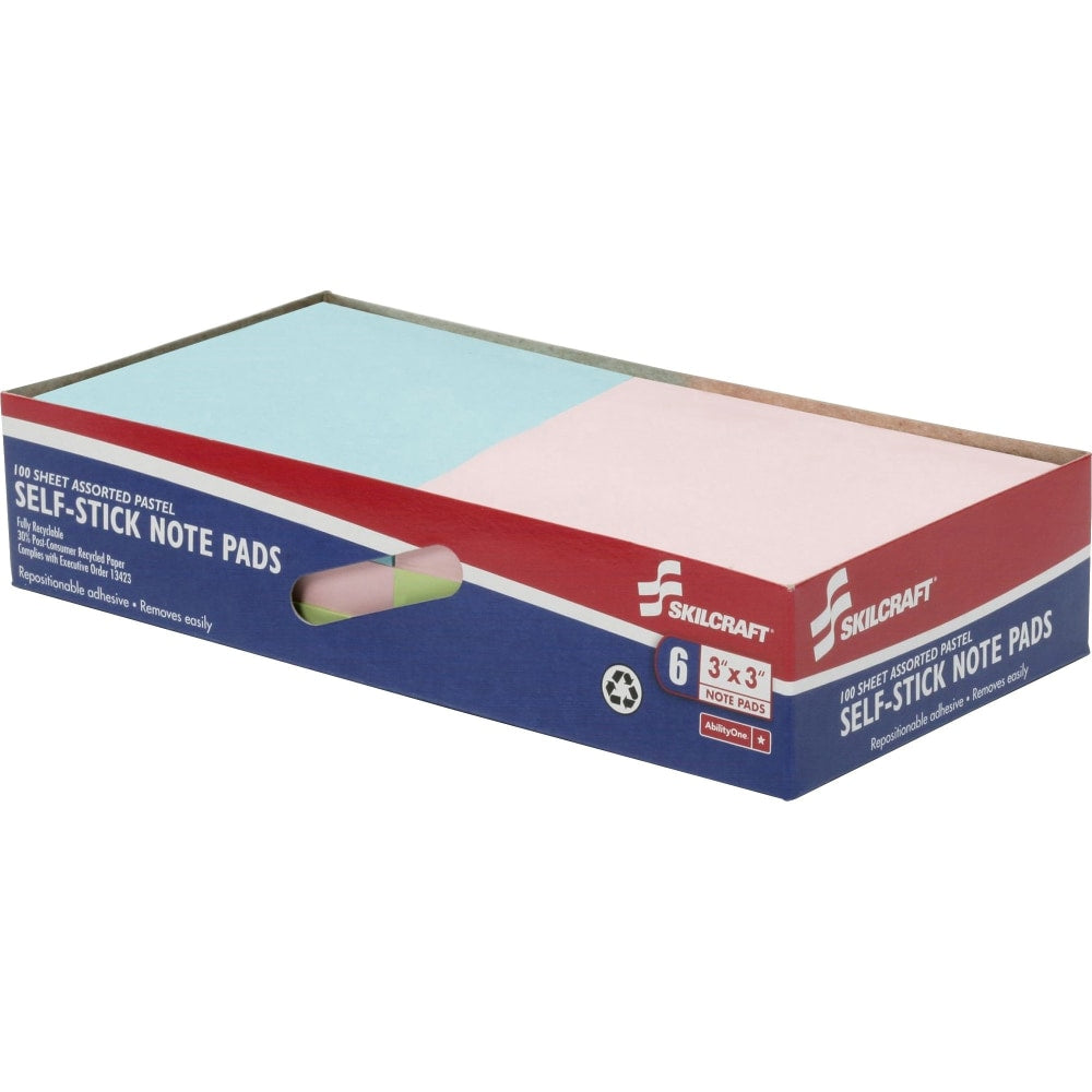 SKILCRAFT 3in x 3in 30% Recycled Self-Stick Notes, Assorted Pastel Colors, Pack Of 6 (AbilityOne 7530-01-456-2249)