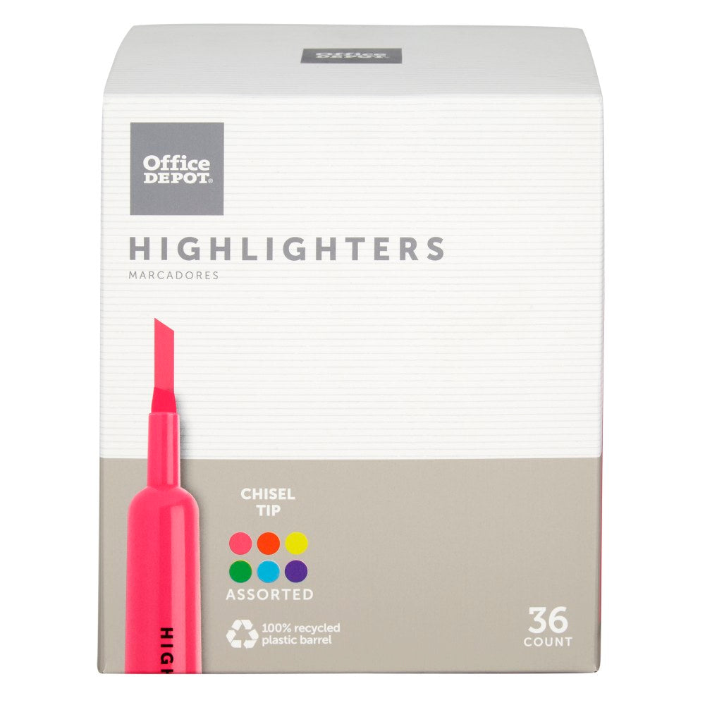 Office Depot Brand Chisel-Tip Highlighter, 100% Recycled Plastic Barrel, Assorted Fluorescent Colors, Pack Of 36