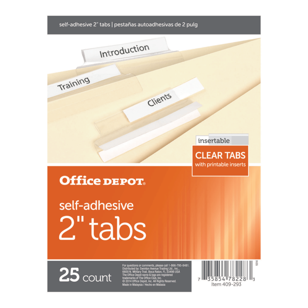 Office Depot Brand Self-Adhesive Tabs With Printable Inserts, 2in, Clear, Pack Of 25