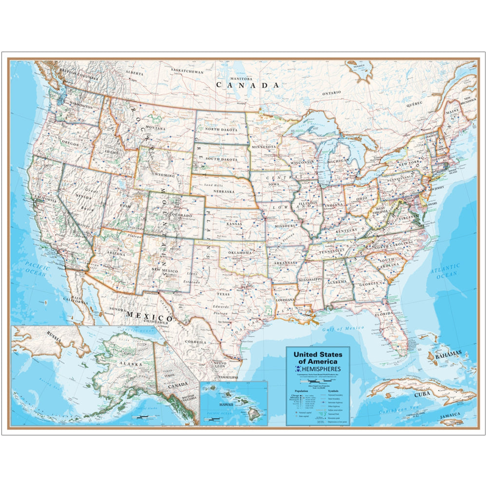 Hemispheres Contemporary Laminated Wall Map, United States, 38in x 48in