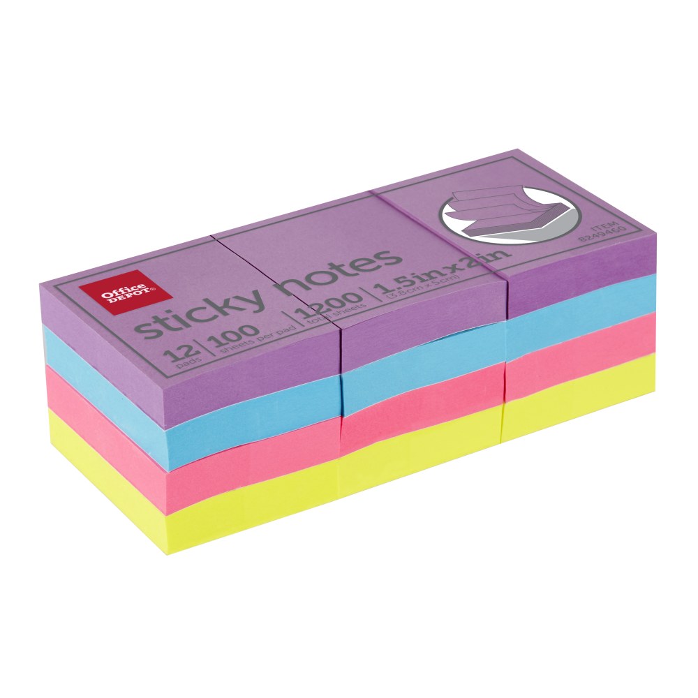 Office Depot Brand Sticky Notes, 1-1/2in x 2in, Assorted Vivid Colors, 100 Sheets Per Pad, Pack Of 12 Pads