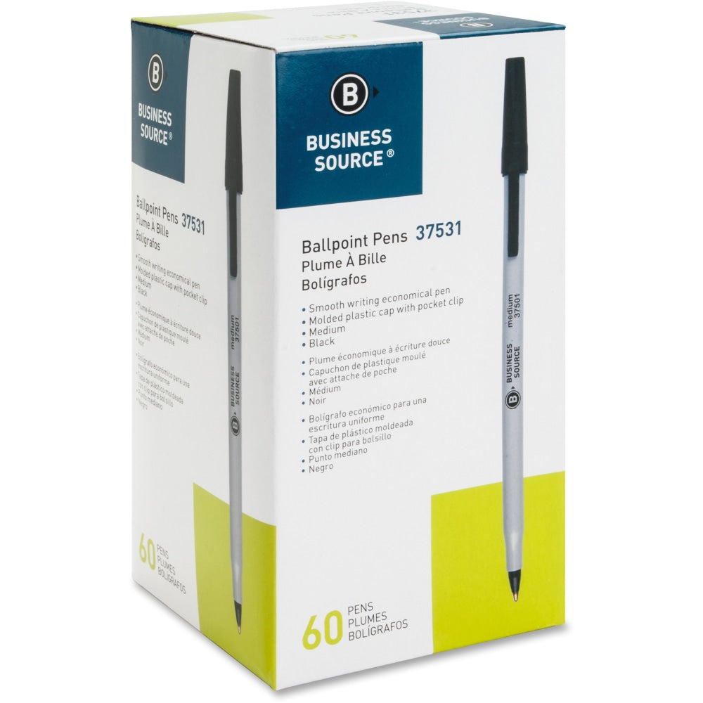 Business Source Bulk Pack Ballpoint Stick Pens - Medium Pen Point - Black - Tungsten Carbide Tip - 60 / Box