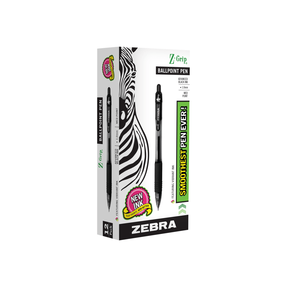 Zebra Pen Z-Grip Retractable Ballpoint Pens, Pack Of 12, Medium Point, 1.0 mm, Clear Barrel, Black Ink