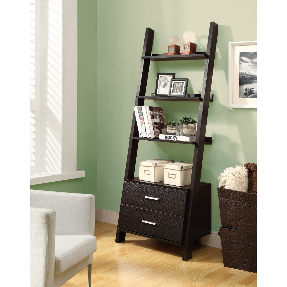 Monarch Specialties 4-Shelf Ladder Bookcase With 2 Drawers, Cappuccino