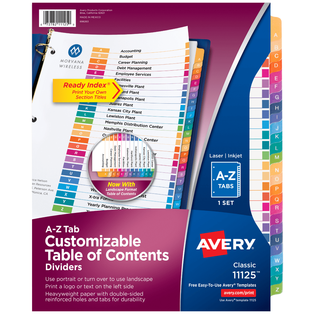 Avery Ready Index A-Z Tab With Customizable Table of Contents Binder Dividers, 8-1/2in x 11in, 26 Tab, Multicolor, 1 Set