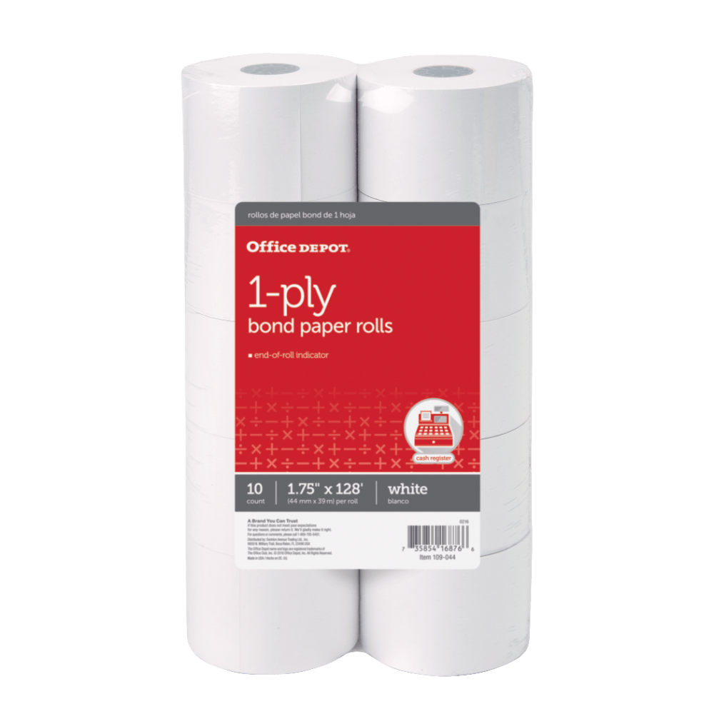 Office Depot Brand  1-Ply Bond Paper Rolls, 1-3/4in x 128ft, White, Pack Of 10