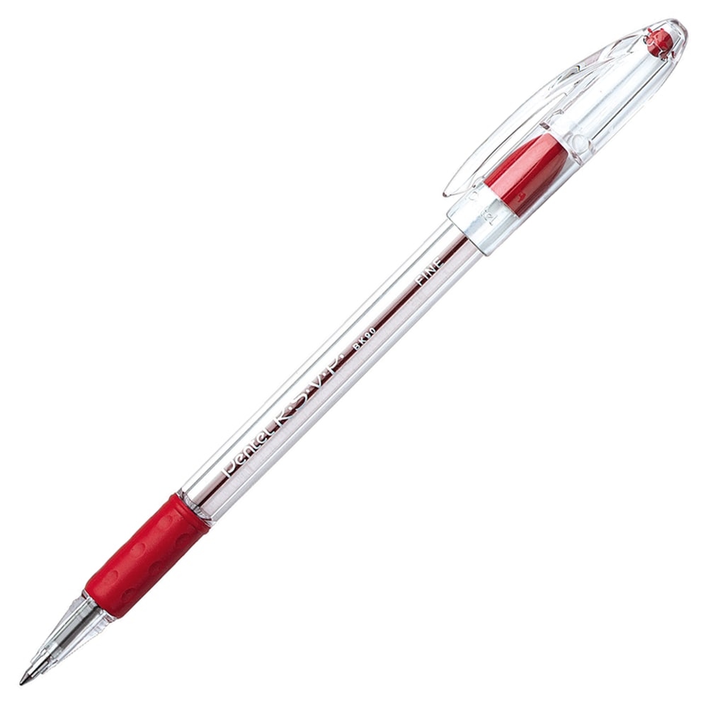 Pentel R.S.V.P. Ballpoint Pens, Fine Point, 0.7 mm, Clear Barrel, Red Ink, Pack Of 12