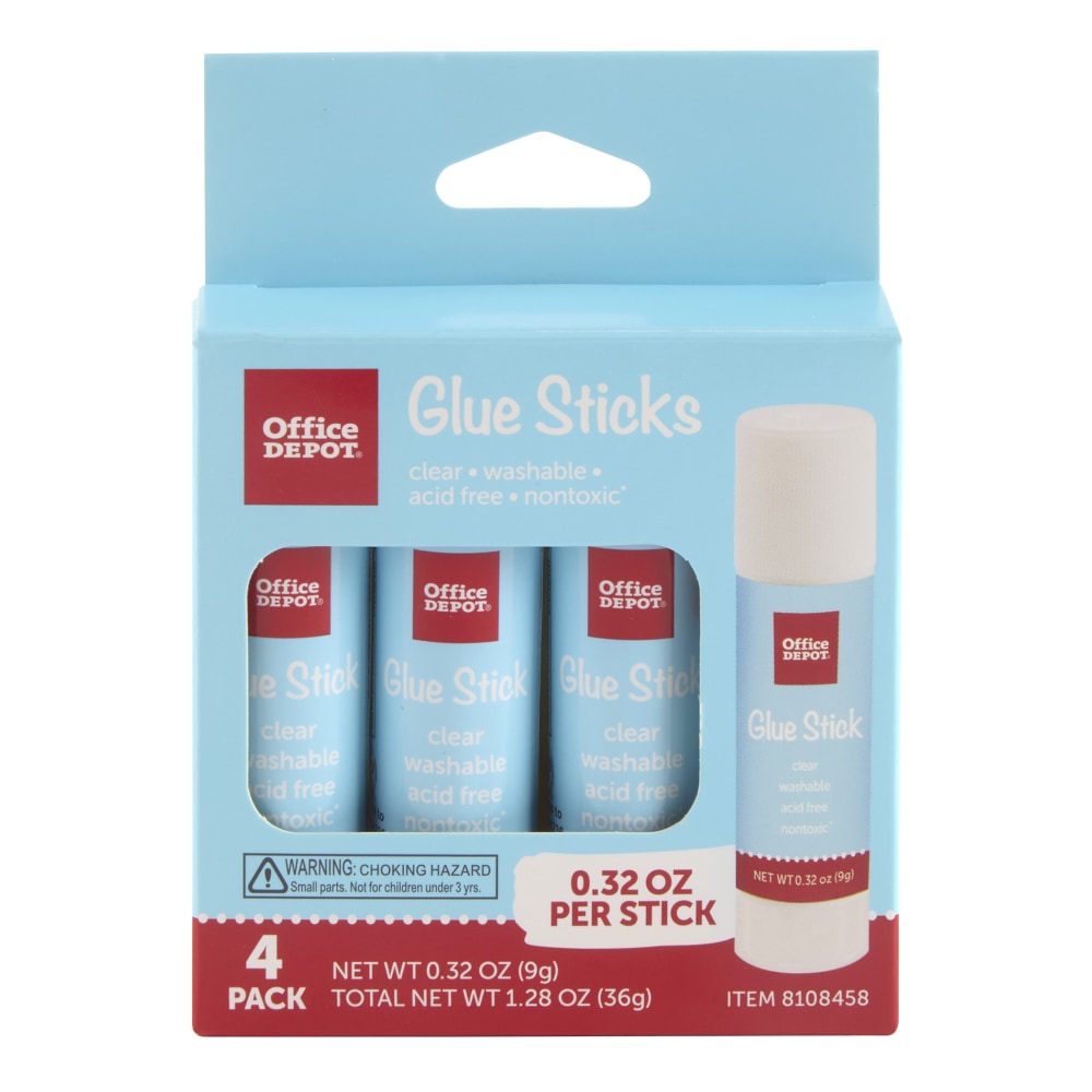 Office Depot Brand Glue Sticks, 0.32 Oz, Clear, Pack Of 4 Glue Sticks