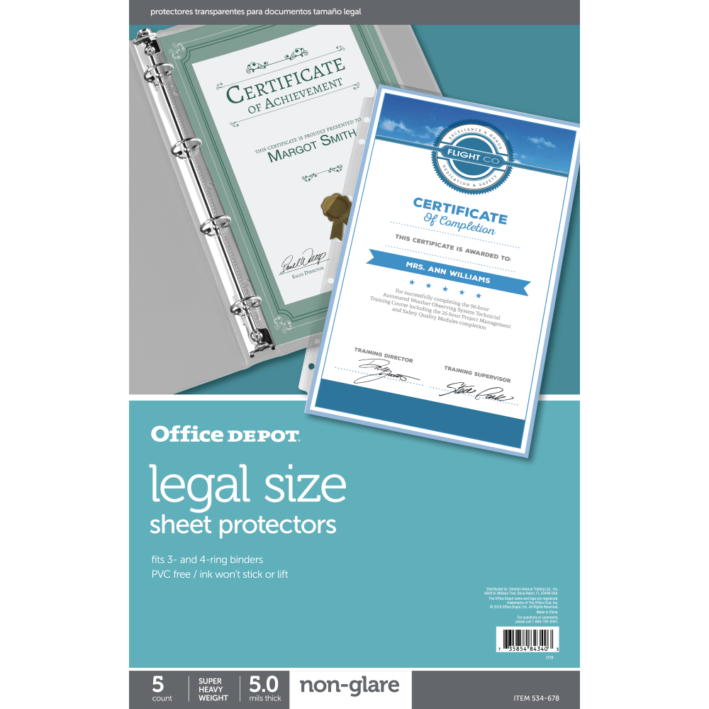 Office Depot Brand Legal Size Sheet Protectors, 8-1/2in x 14in, Non-Glare, Box Of 5