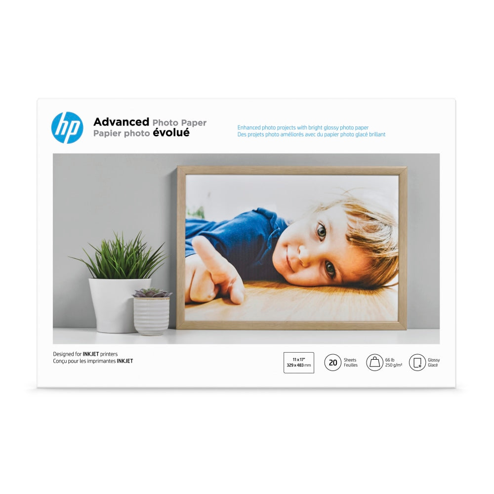 HP Advanced Photo Paper for Inkjet Printers, Glossy, 13in x 19in, 66 Lb., Pack Of 20 Sheets (CR696A)