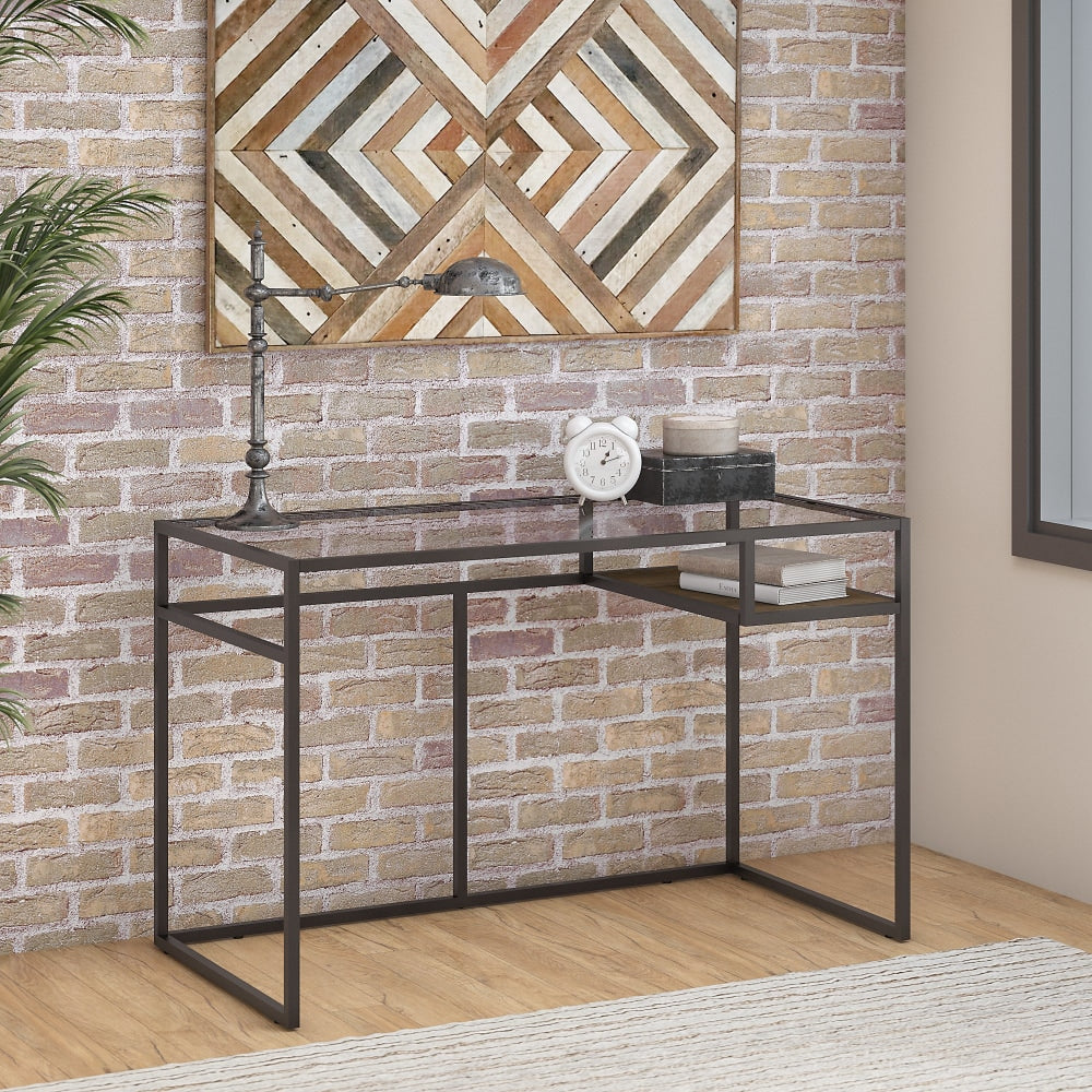 Bush Furniture Anthropology 48inW Glass Top Writing Desk With Shelf, Rustic Brown Embossed, Standard Delivery