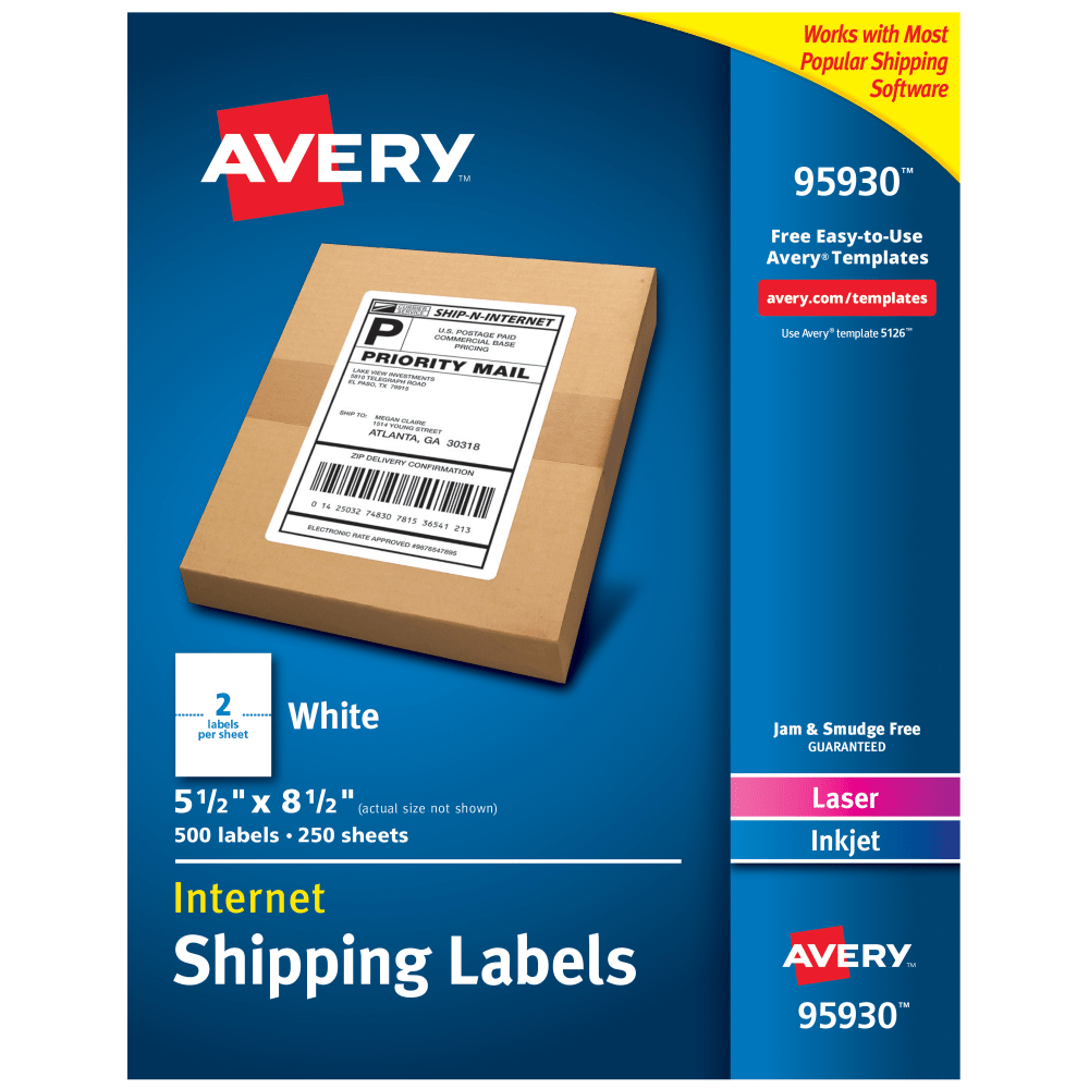 Avery Shipping Address Labels, 95930, Rectangle, 5 1/2in x 8 1/2in, White, Pack Of 500