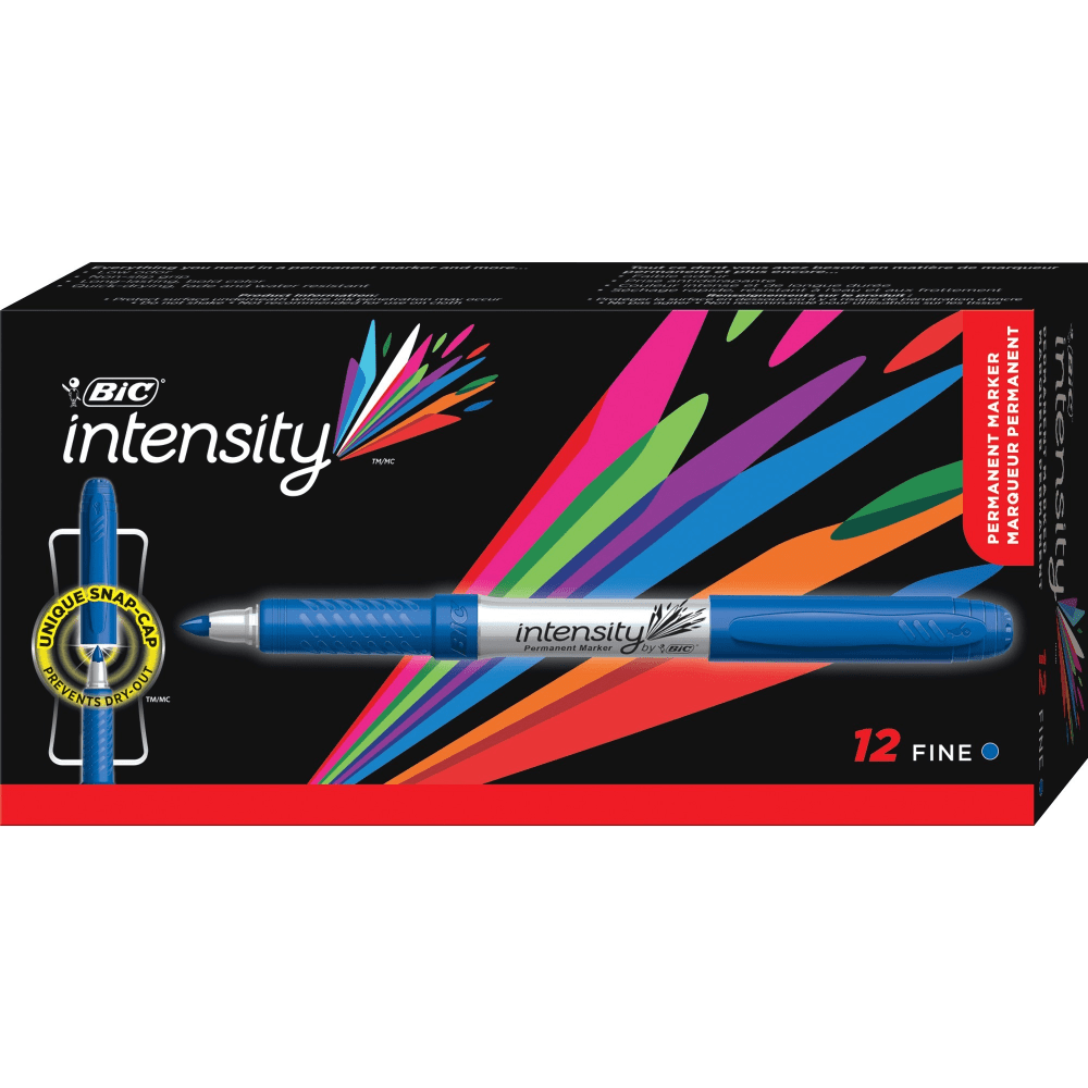 BIC Mark-It Fine Point Permanent Markers, Fine Point, Silver Barrel, Blue Ink, Pack Of 12