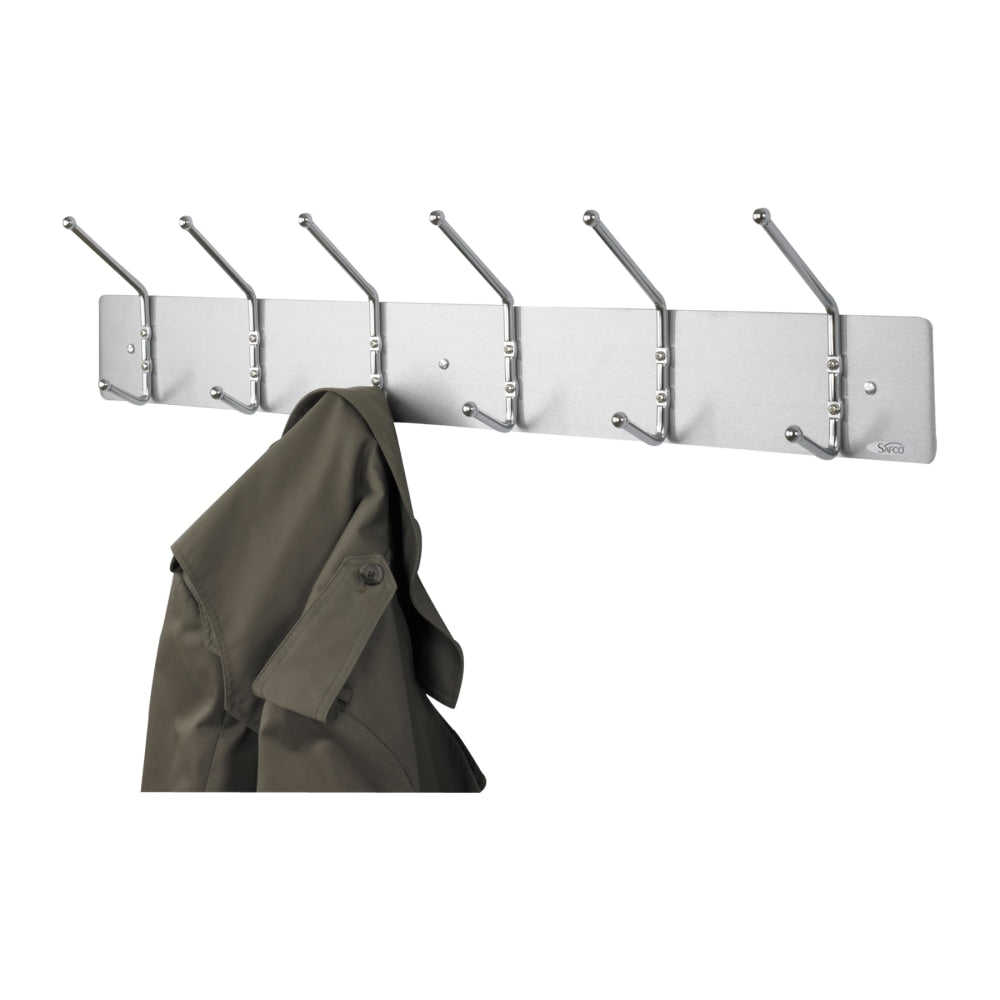 Safco Metal Wall Rack Coat Hooks, 6 Hooks, 6 3/4inH x 36inW x 3 3/4inD, Satin Aluminum