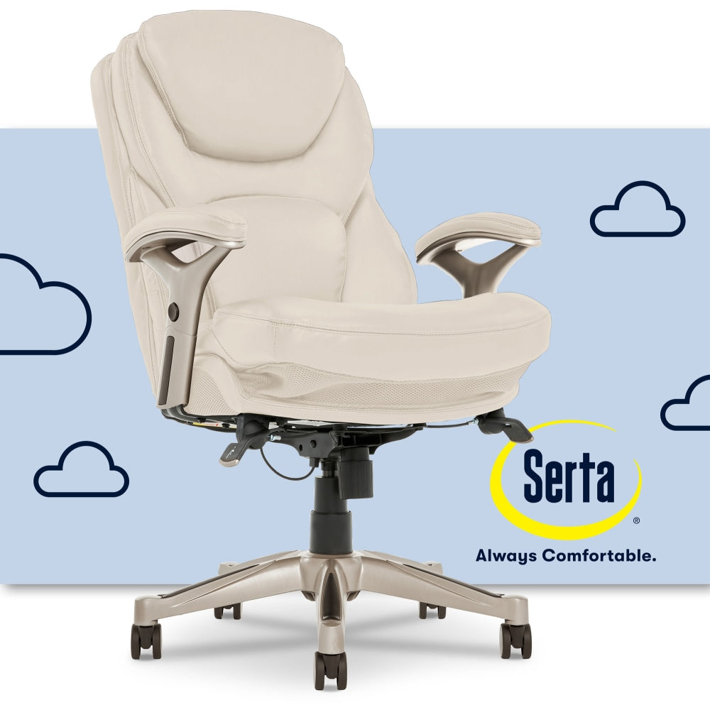 Serta Works Bonded Leather Mid-Back Office Chair With Back In Motion Technology, Ivory/Silver