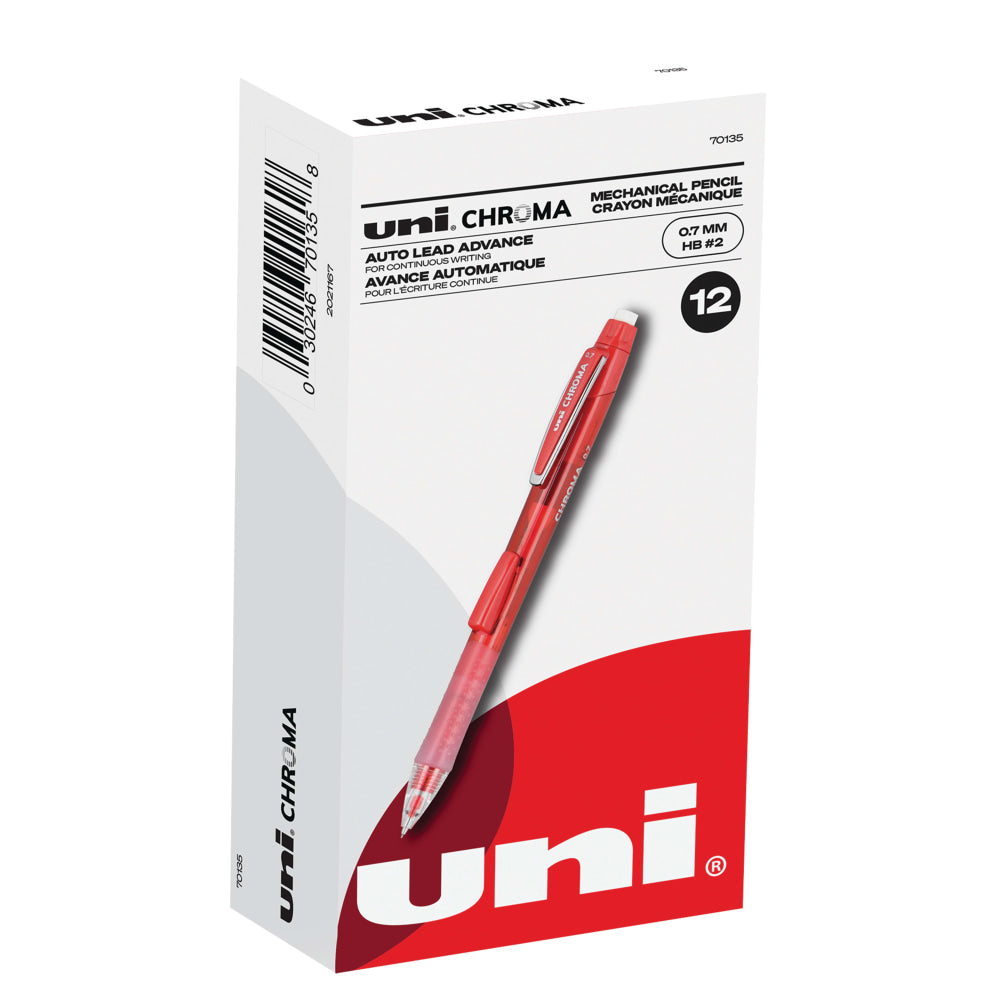 uni-ball Chroma Auto-Advancing Mechanical Pencils With Hexagonal Twist Eraser, 0.7 mm, Red Barrel, Pack Of 12 Pencils