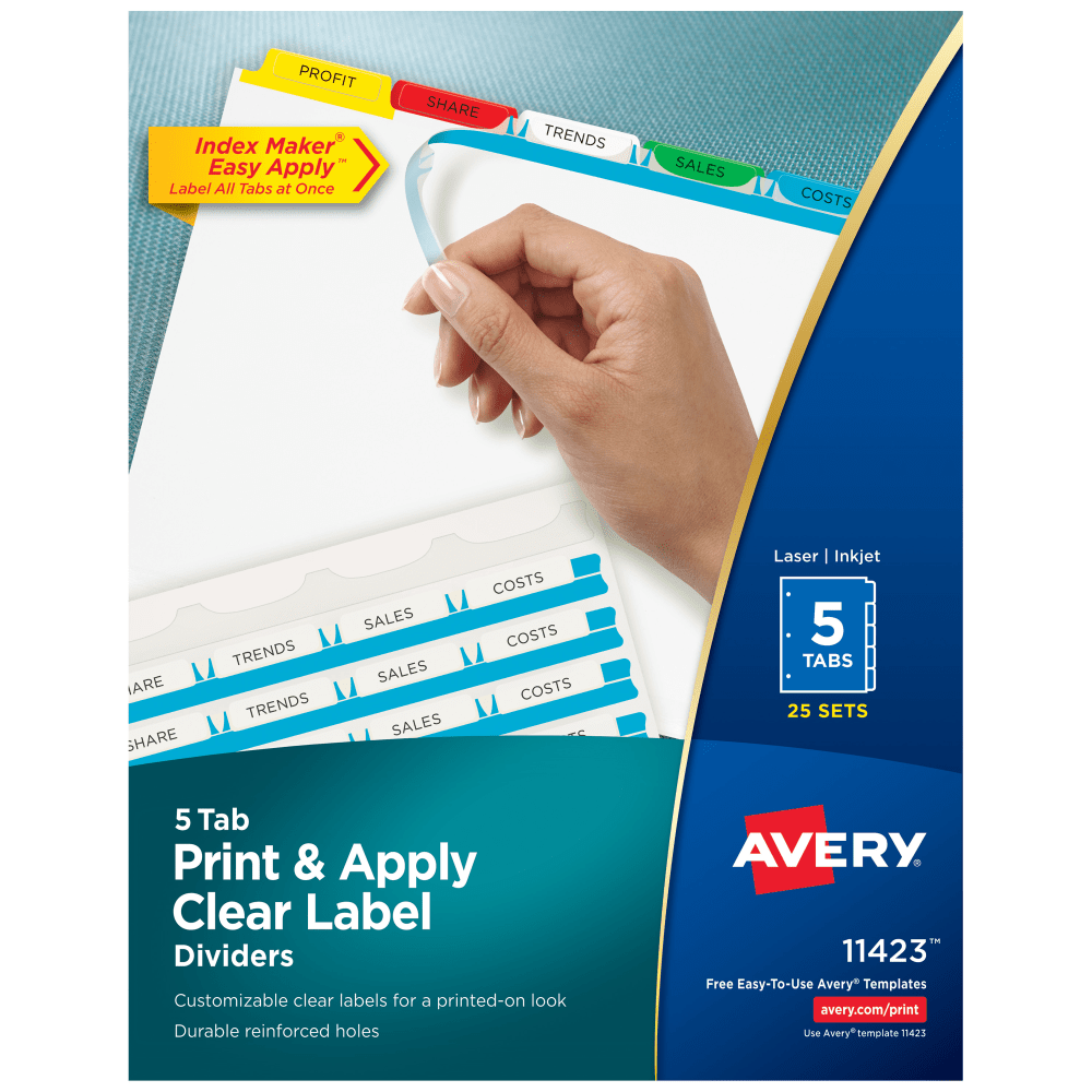 Avery Customizable Index Maker Dividers For 3 Ring Binder, Easy Print & Apply Clear Label Strip, 5 Tab, Multicolor, Box Of 25 Sets