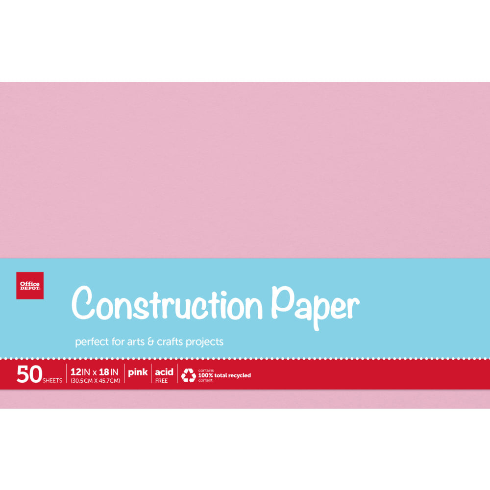 Office Depot Brand Construction Paper, 12in x 18in, 100% Recycled, Pink, Pack Of 50 Sheets