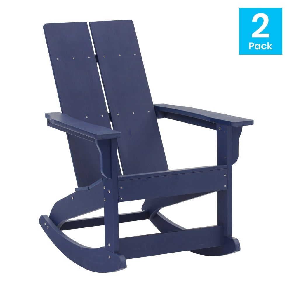 Flash Furniture Finn Modern Commercial Grade All-Weather 2-Slat Poly Resin Rocking Adirondack Chairs, Navy, Set Of 2 Chairs