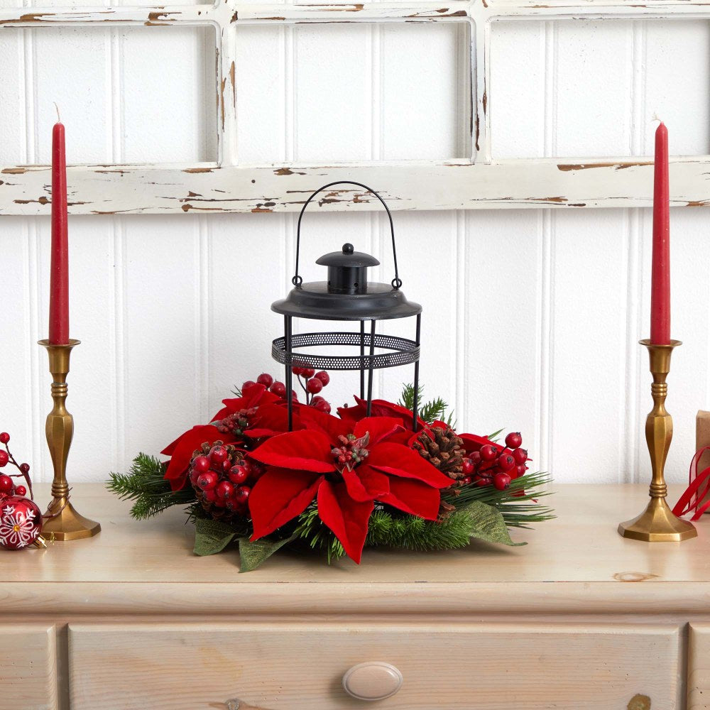 Nearly Natural 13inH Poinsettia Berry Pine Artificial Arrangement Candelabrum, 13inH x 18inW x 18inD, Black/Red